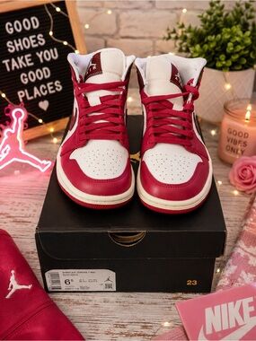 Women’s Nike Air Jordan 1 Mid White Burgundy Pink Sneakers Size 6.5